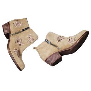 Lucky Brand Tan Suede Floral Ankle Booties